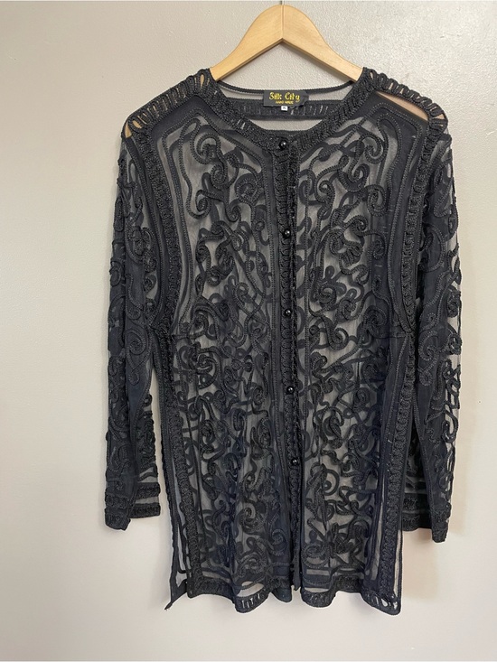 Vintage Tops - VTG Silk City Hand Made Black Lace Sheer Button Front Jacket Whimsigoth